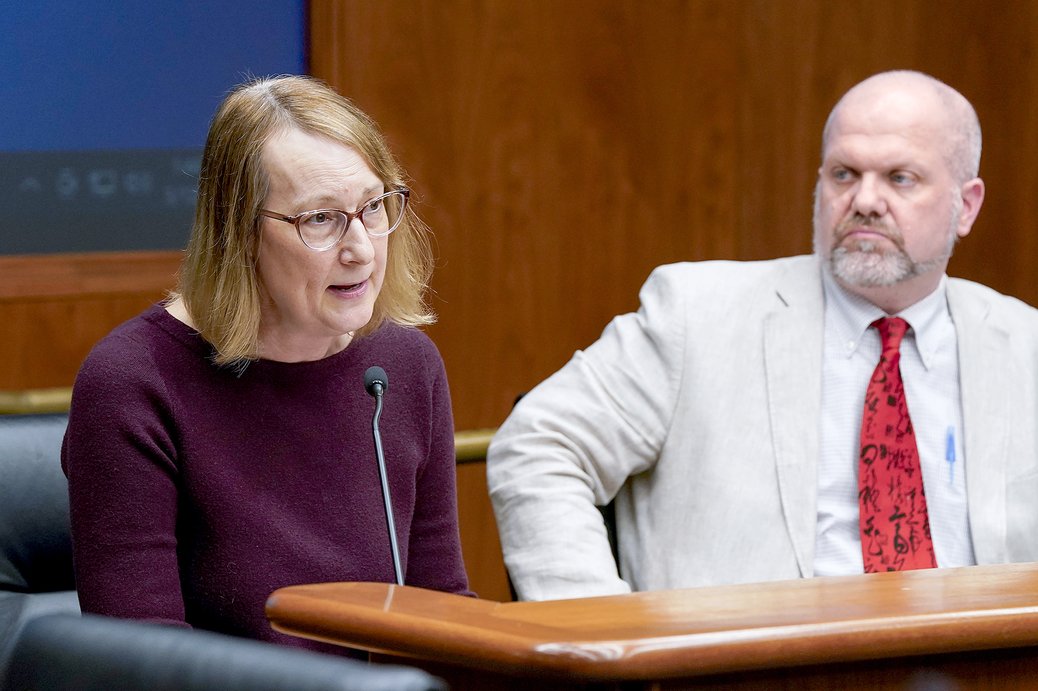 Kim LaBo of the Animal Humane Society testifies before the House agriculture panel Tuesday in support of a bill to require more public access to kennel, animal dealer and commercial breeder licensing and inspection information. (Photo by Michele Jokinen)